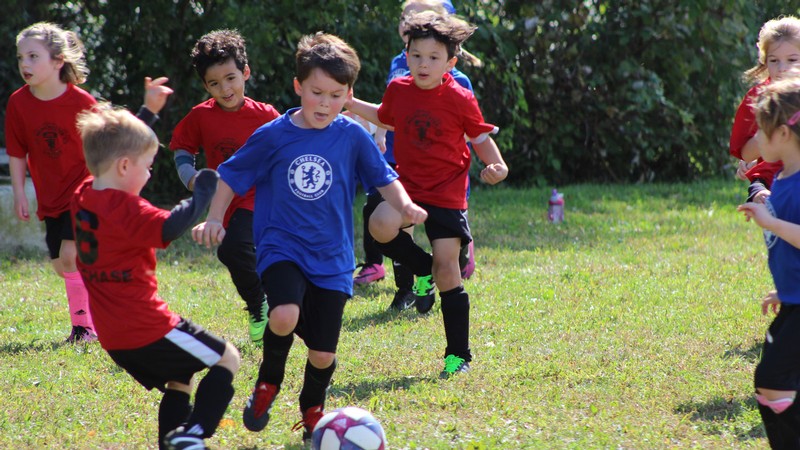 Children in red jerseys and blue jerseys play soccer outdoors.