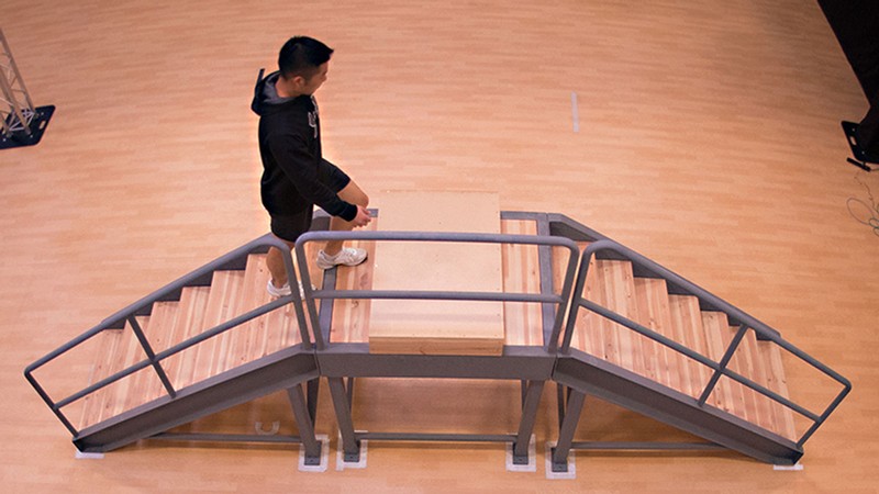 A person walks up a short staircase for research.