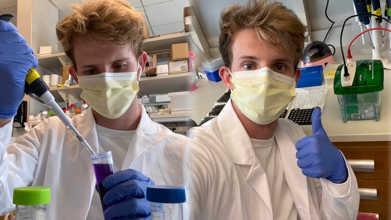 This composite image shows two photos of Parker Hicks working in a lab.