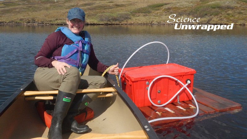 Kimberly Hageman in a canoe next to a scientific experiment.