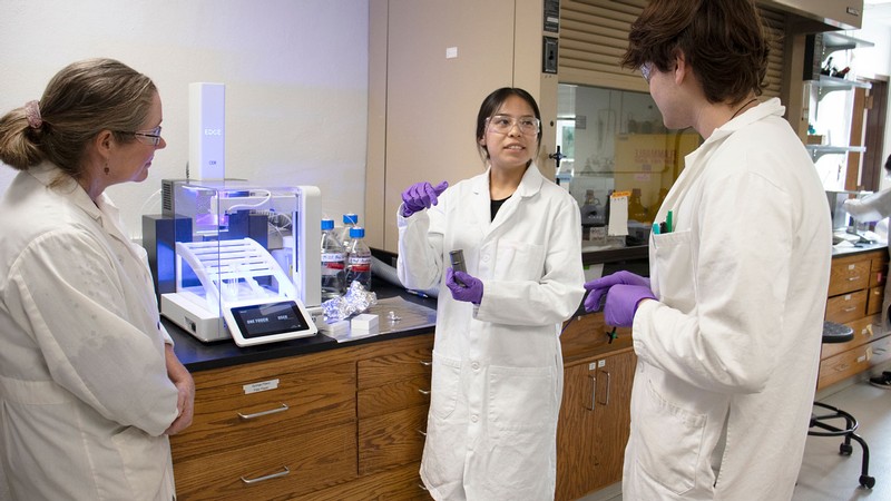 A student with mentors in the lab.