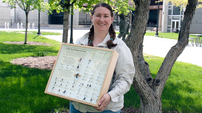 Brenna Decker holding a display case of wasp specimens.