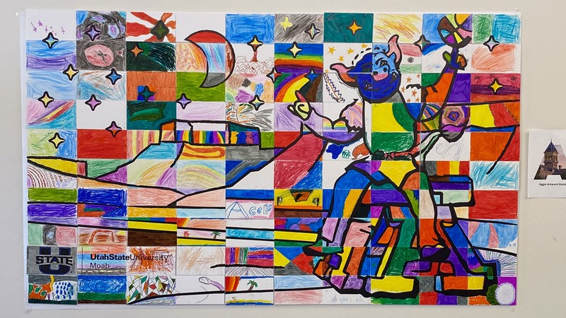 A mural of Big Blue composed of fourth-graders' drawings.