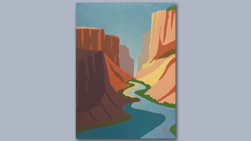 An art print of a river running through a red rock canyon.