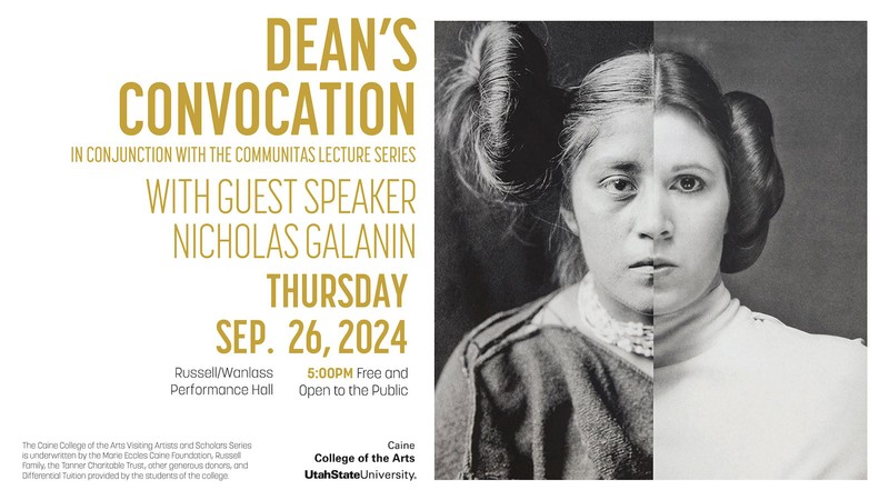 Text Reads: Guest Speaker Nicholas Galanin. September 26 in the Russell Wanlass Performance Hall.