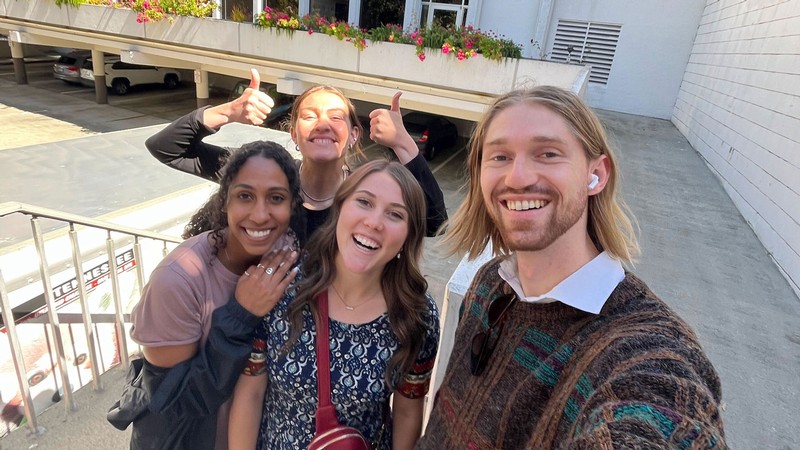 Students pose for a group selfie in San Francisco.