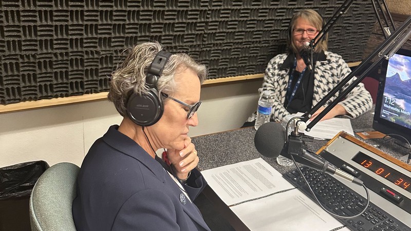 Elizabeth Cantwell and Susan Madsen in a recording studio.