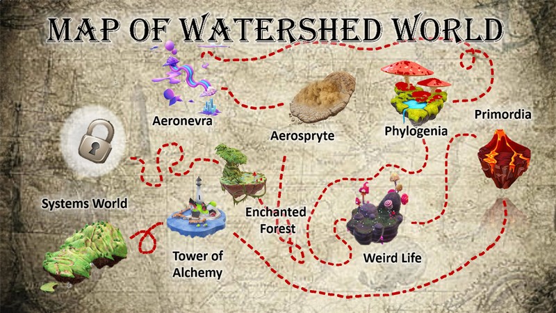 A weathered map showing areas of Watershed Word, such as Tower of Alchemy and Enchanted Forest.