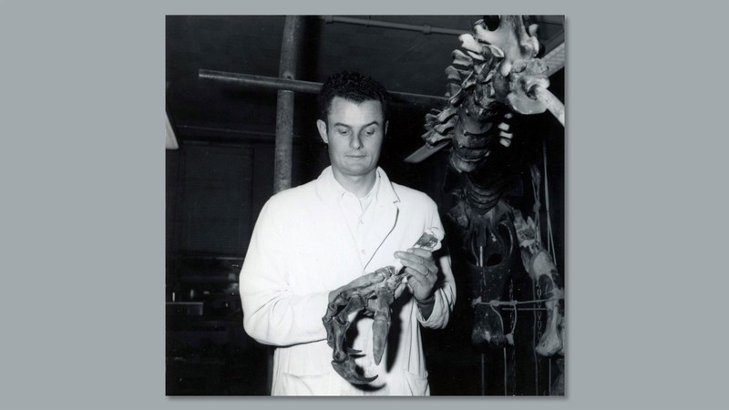 Don Burge holding a prehistoric fossil.