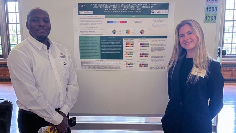 Two people next to a research poster.