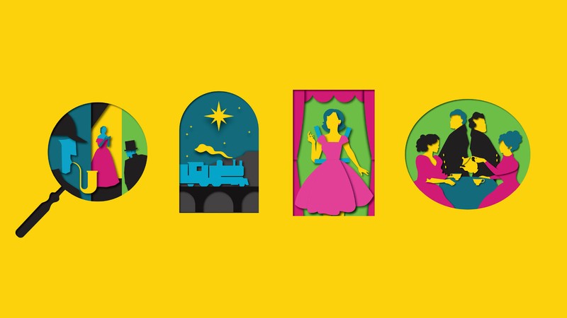 A graphic illustration of detectives, a train, a paper doll and Victorian drama.