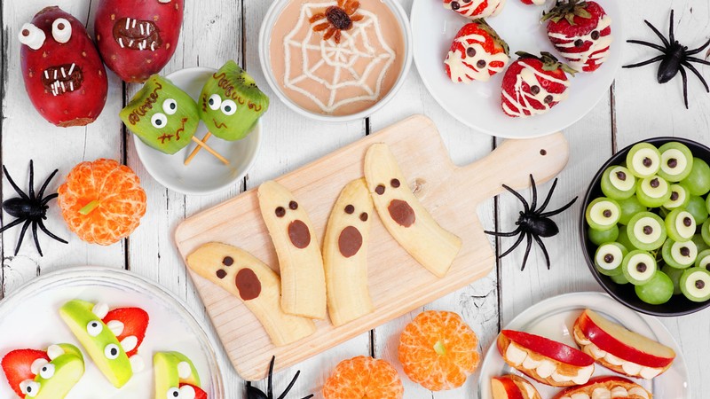 Fruits decorated as monsters for Halloween.