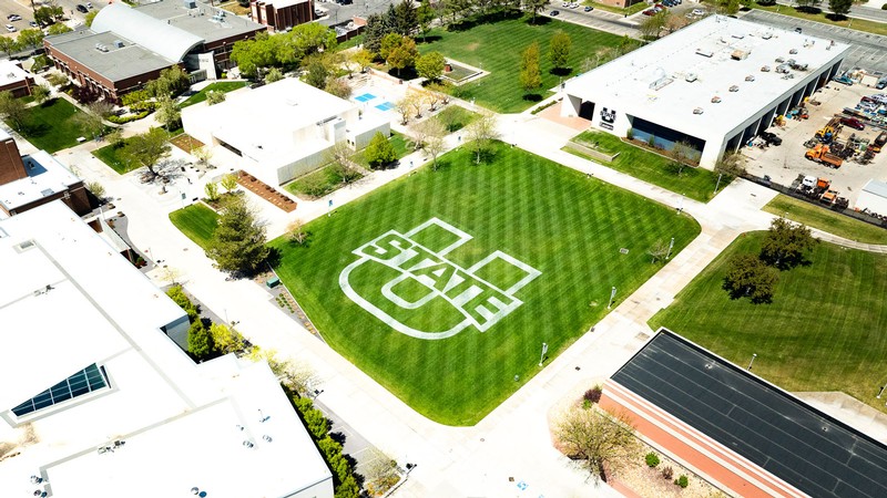 The U State logo on the grass of the USU Eastern campus.