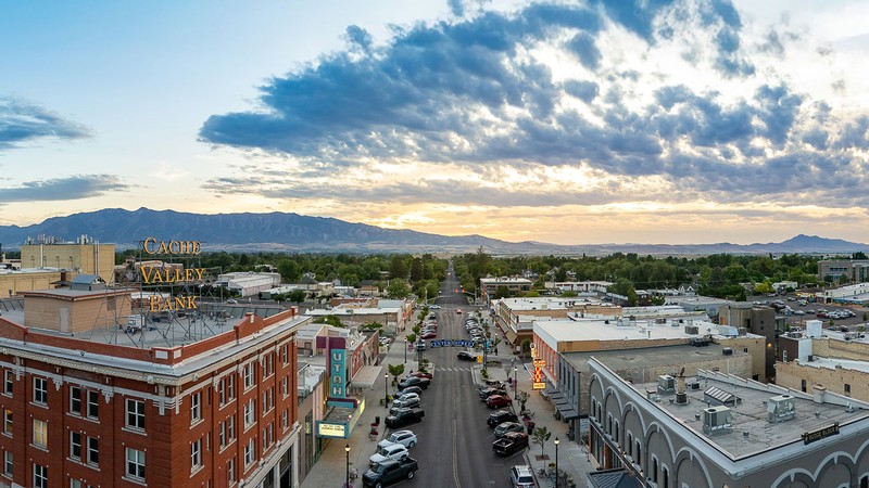 An aerial view of Center Street in Logan.