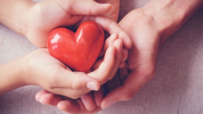 Several hands holding a heart-shaped stone.