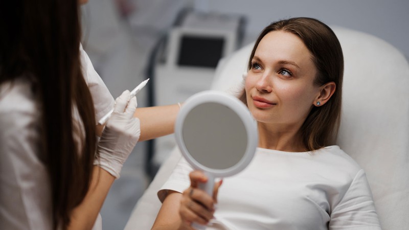 A patient looking in a mirror.