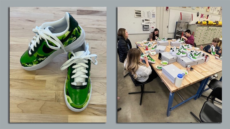 An image of Nike sneakers with a custom green camo design. An image of students painting shoes.