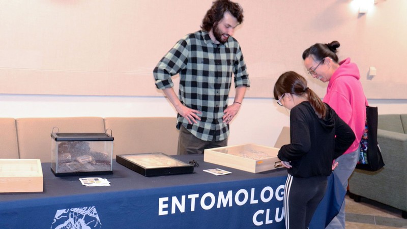 An ecologist displays insect trays to event guests.