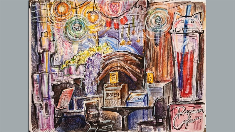 A work of art showing a cafe.