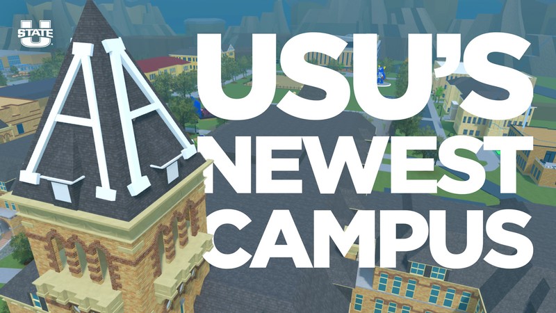 A virtual reality version of USU's Logan campus. Text reads: USU's newest campus.