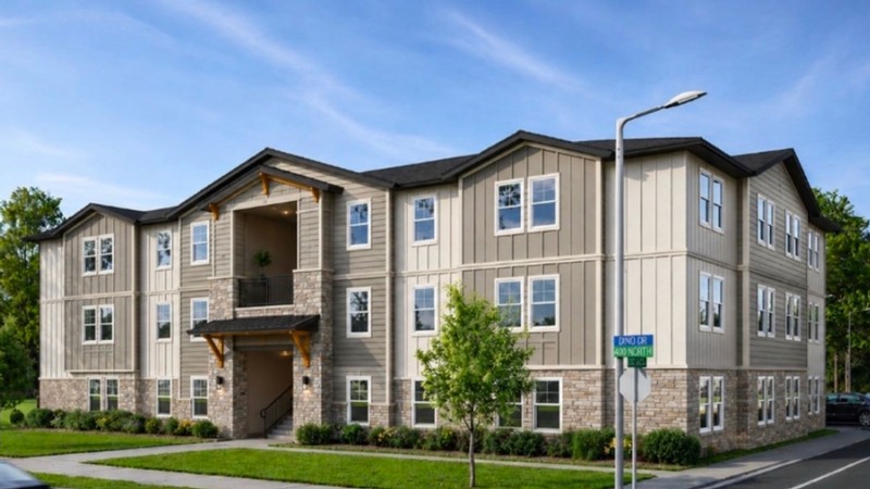 An architectural rendering of apartment-style housing.