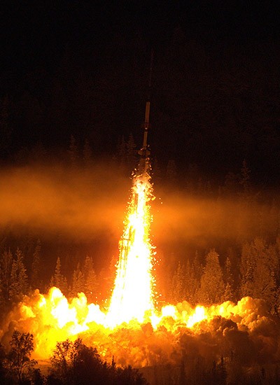 A NASA Oriole IV suborbital sounding rocket blasts off from the Poker Flat Research Range, Alaska to