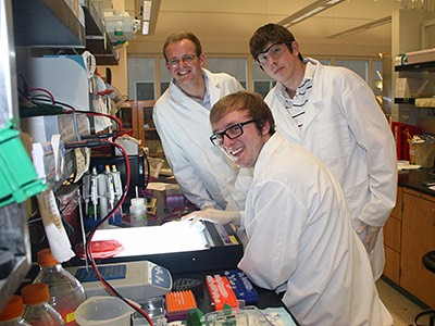 USU undergraduate researchers Dan Morris, Matison Rasmussen and Dallas Elder in Edwin Antony's lab