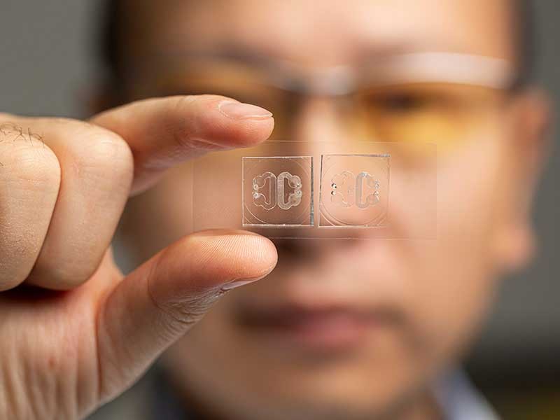 Yu Huang holds tiny chip.