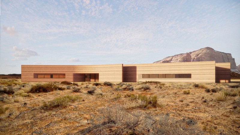 View of the exterior of USU Monument Valley from the north, as seen in an architectural rendering.