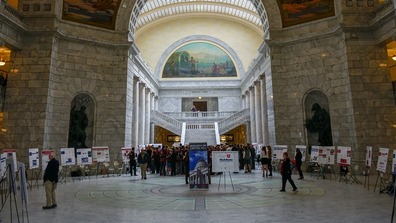 Undergrad researchers showcasing research at the Utah Capitol Rotunda.