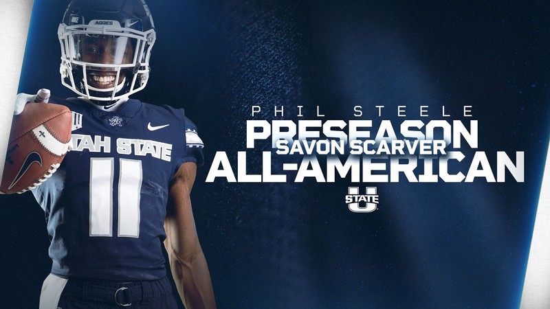 Banner with image and words: Phil Steele Preseason All-American Savon Scarver.