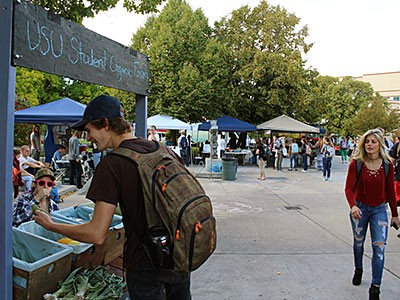 a student at the farmer's market on the USU campus