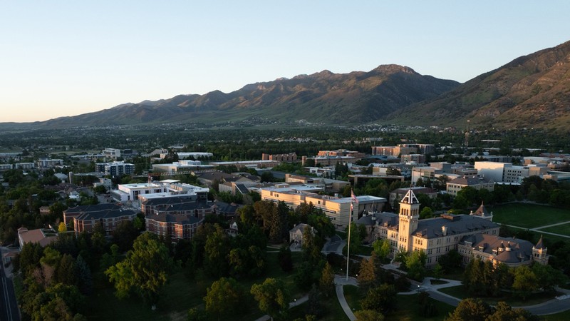 Aerial view of USU Logan Campus in the evening