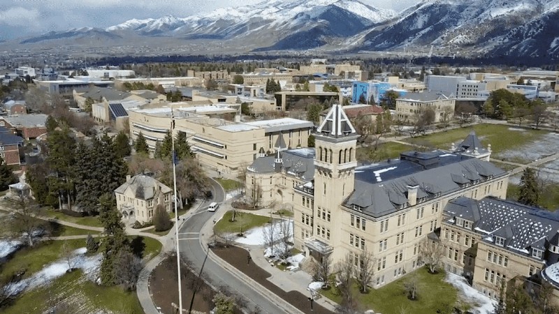 An aerial photograph of Old Main on the USU campus.