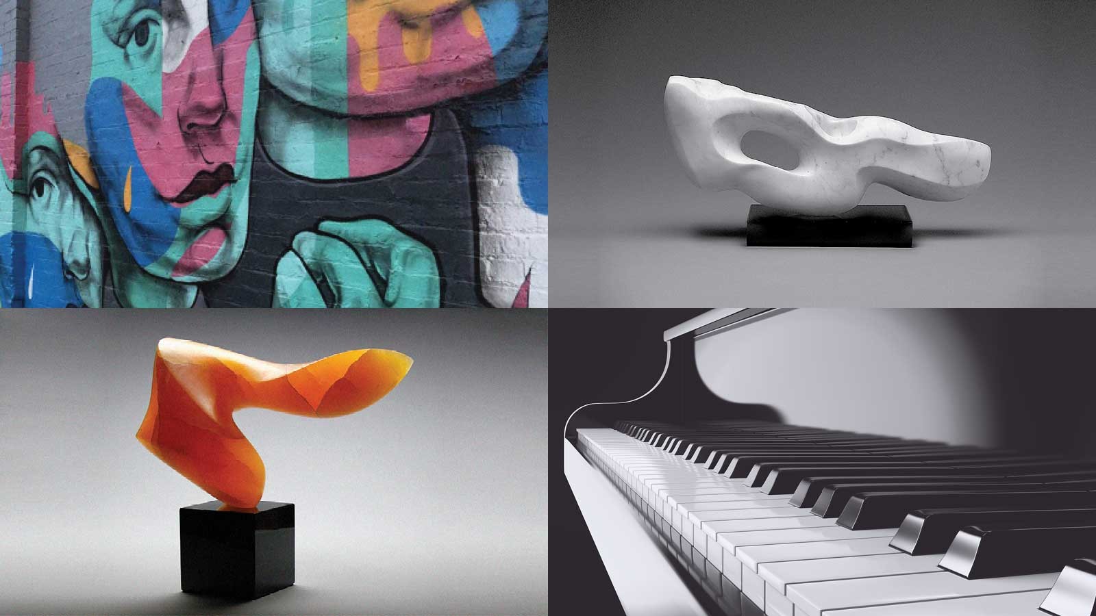 a collage of artwork including paintings and sculptures.