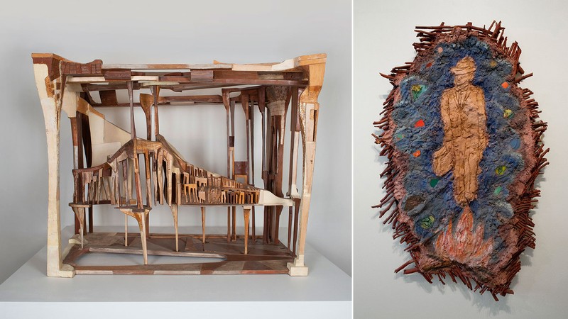 Left: Pamela Boden, “The Magician's Castle,” Right: Alison Saar, “Martyrdom of St. Rufus
