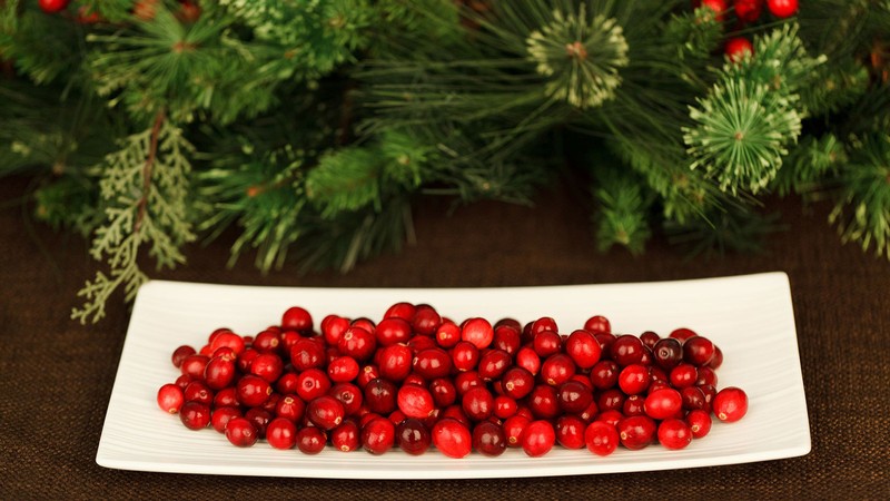 plate of cranberries in front of a holiday background.