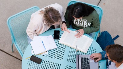 People studying at a table outdoors.