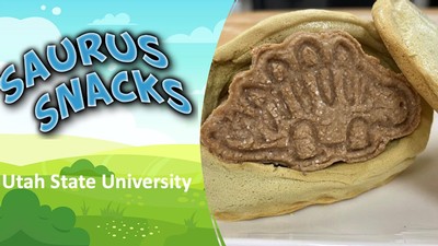 A product promotional image shows the text "Saurus Snacks" next to a dinosaur cookie.