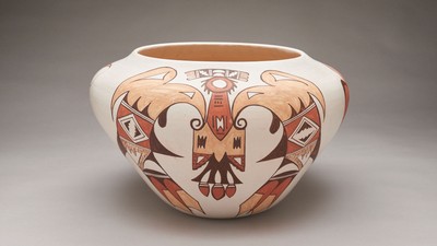 Eunice Navasie Fawn, (Native American, 1920-1992), Bowl with Bird Design, circa 1960-197, Earthernware, 7.25 x 12.25 x 12.25 inches, Gift of Noel and Patricia Holmgren, 2019.1.2