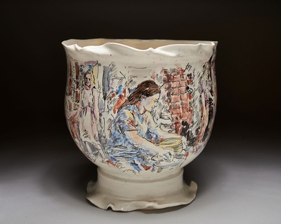 Drawings on a pottery urn show people making pottery.