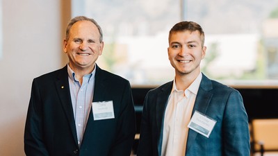 Doctoral student Nikolay Tkachenko, right, with USU Chemistry and Biochemistry Department Head Lance Seefeldt, was named "Outstanding Graduate Student of the Year" by the Utah Chapter of the American Chemical Society. (Photo: USU/Lauren Anderson)