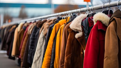 Winter coats hanging on a rack.