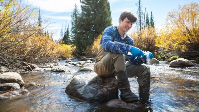 A researcher collecting a sample in a river.