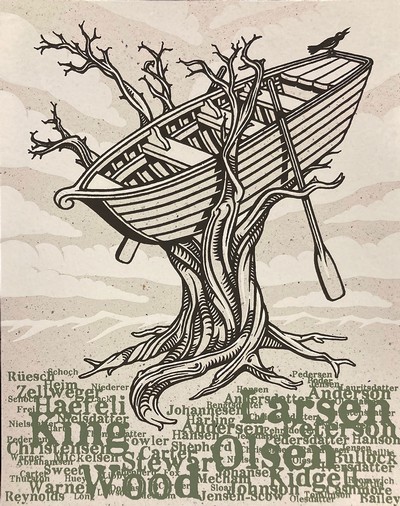 An art print of a rowboat stuck in a gnarled tree with a jumble of European surnames at the roots.