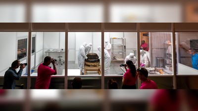 Scientists examine a sample in a lab.