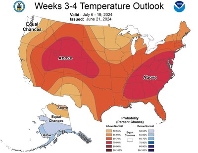 A chart mapping a forecast of above-average temperatures across the U.S. in July.