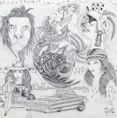 An ink drawing on cotton fabric incorporating Mexican cultural themes.