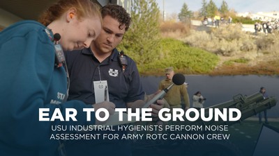 Text Reads: USU Industrial Hygienists perform noise assessment for Army ROTC cannon crew.