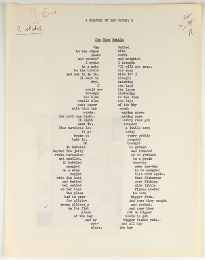 A typewritten poem with words arranged in the shape of a bottle.